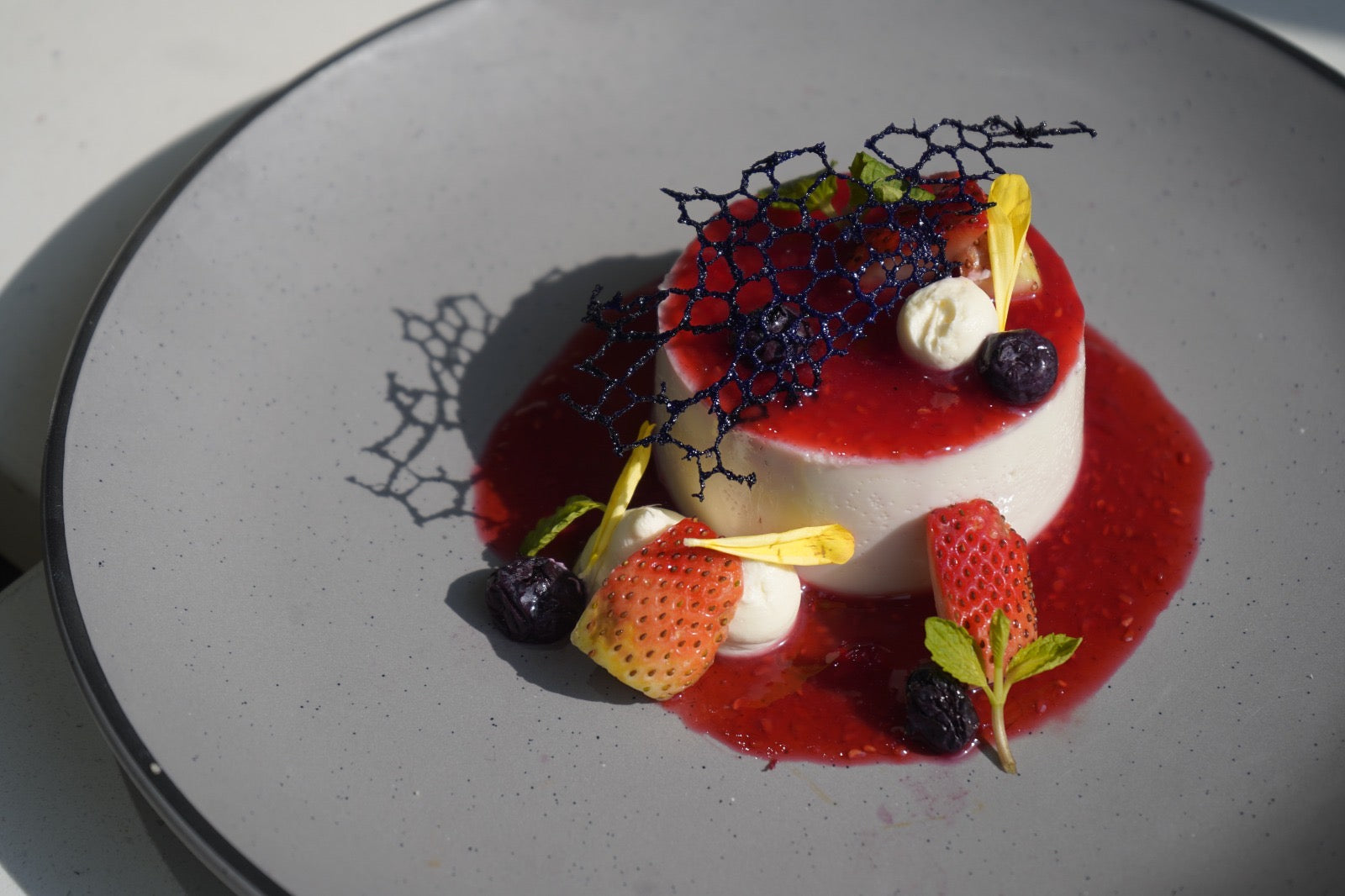 Delicate dessert with red sauce, berries, and decorative elements on a gray plate.